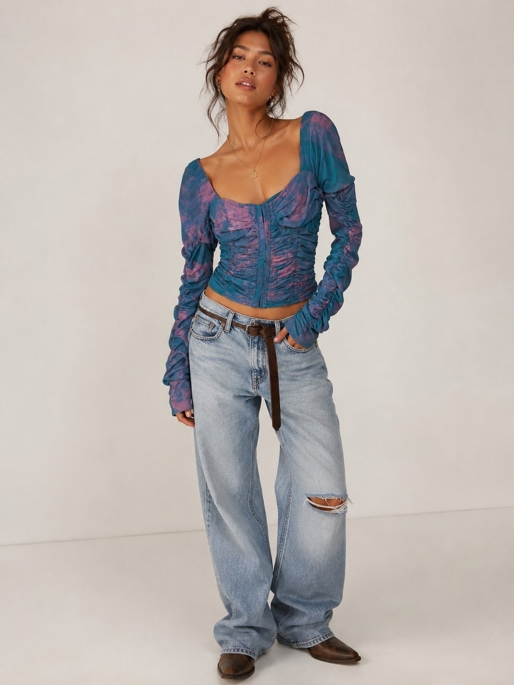 FREE PEOPLE Long-Sleeve Tie-Dye Top in Teal & Purple